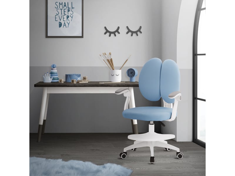  Ml-design chaise de bureau pour enfant 95-107 cm bleu avec dossier divisé et repose-pieds siége d'étude ergonomique pivotant 360° hauteur réglable accoudoirs rabattables tissu respirant confortable  - Conforama B