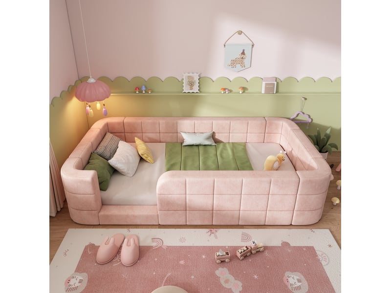  Lit enfant 90 × 200 cm avec barrières rembourrées, entrée basse et sommier à lattes en chenille rose pour chambre  - Conforama D