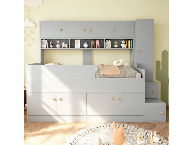 Lit enfant 90 × 200 cm avec rangements, escalier à compartiments, armoire, led et garde-corps gris, chambre - Conforama B