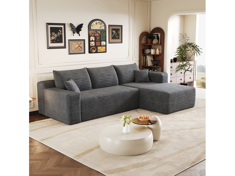  Canapé d'angle 3 places 241 cm en velours côtelé gris, assise profonde et installation sans outils  - Conforama B