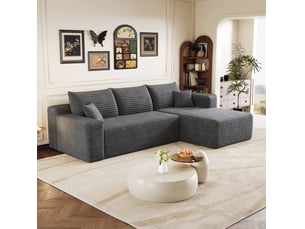 Canapé d'angle 3 places 241 cm en velours côtelé gris, assise profonde et installation sans outils