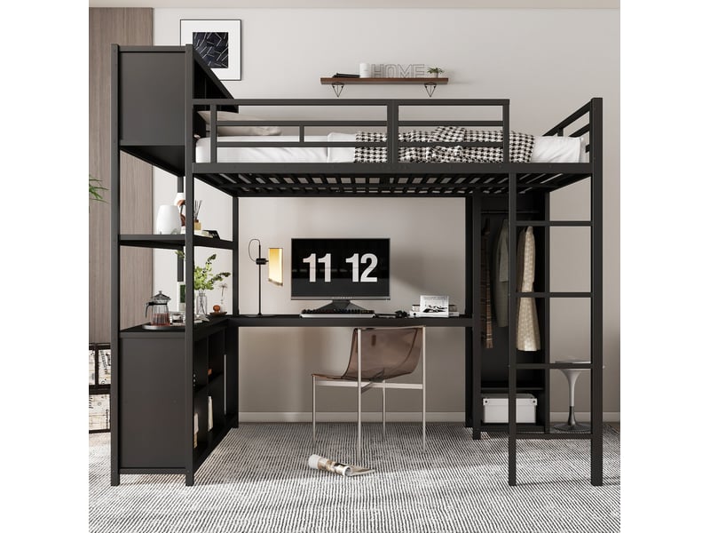  Lit mezzanine 140x200 cm, lit enfant avec armoire, bureau et rangement, structure de lit, métal pb, noir, sans matelas  - Conforama B