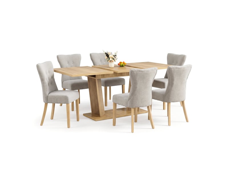  Ensemble salle à manger table extensible + 6 chaises – aspect bois massif, tissu chenille gris, pieds bois massif, clous décoratifs  - Conforama A