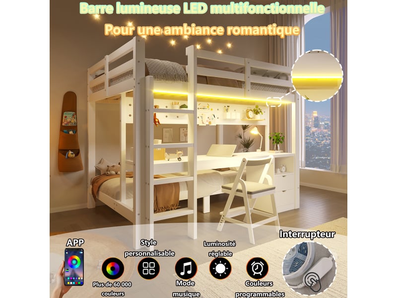  Lit superposé avec bureau, lit en bois de pin, lit enfant 90x200 et 140x200 avec tiroirs, panneau perforé et éclairage led.  - Conforama R