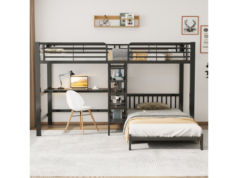Lit mezzanine 2 places 90x200 cm avec bureau, étagères et prise usb, noir - Conforama B