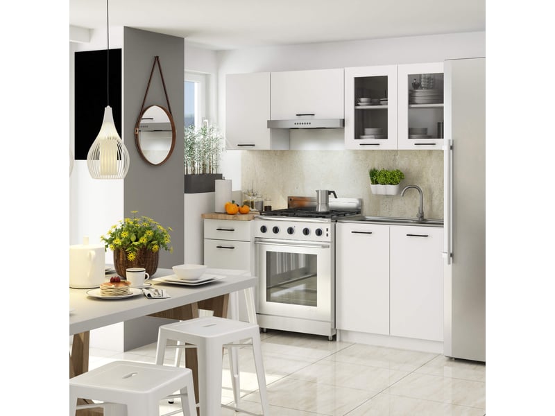  Ensemble de cuisine vitré akord oliwia 1.8m blanc 180 cm 7 portes 1 tiroir façade blanche 8 étagères 180x46x203 cm Oliwia 1.8M - Conforama B
