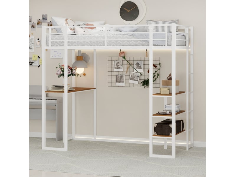  Lit mezzanine, 90x190 cm, lit en hauteur, avec bureau, solution de rangement, matelas non inclus, métal, coloris blanc  - Conforama B