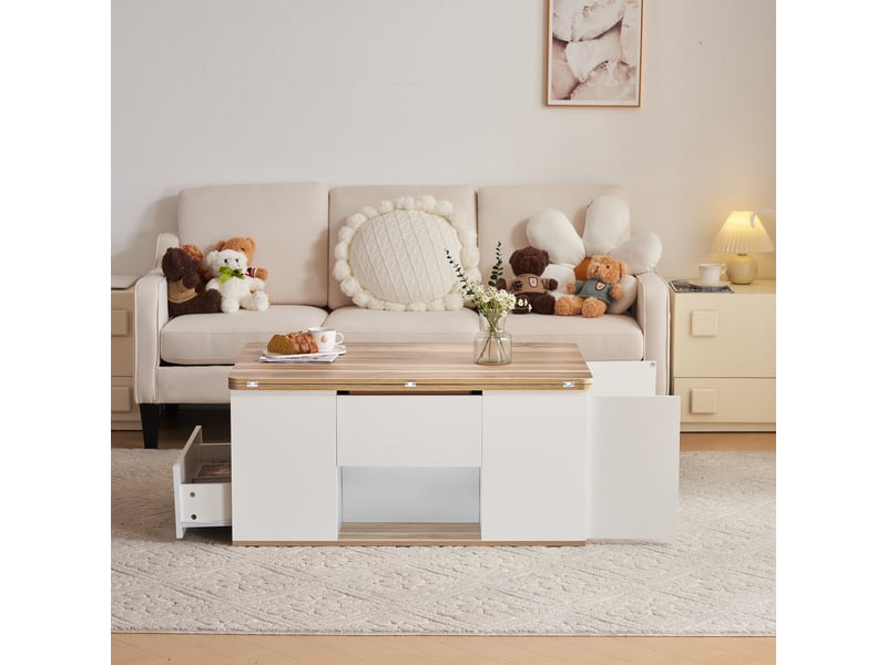 Lit coffre 180x200 cm aspect chêne avec ouverture hydraulique, lit double en bois avec tables de nuit intégrées avec étagère de tête de lit, led et usb-c - Conforama E