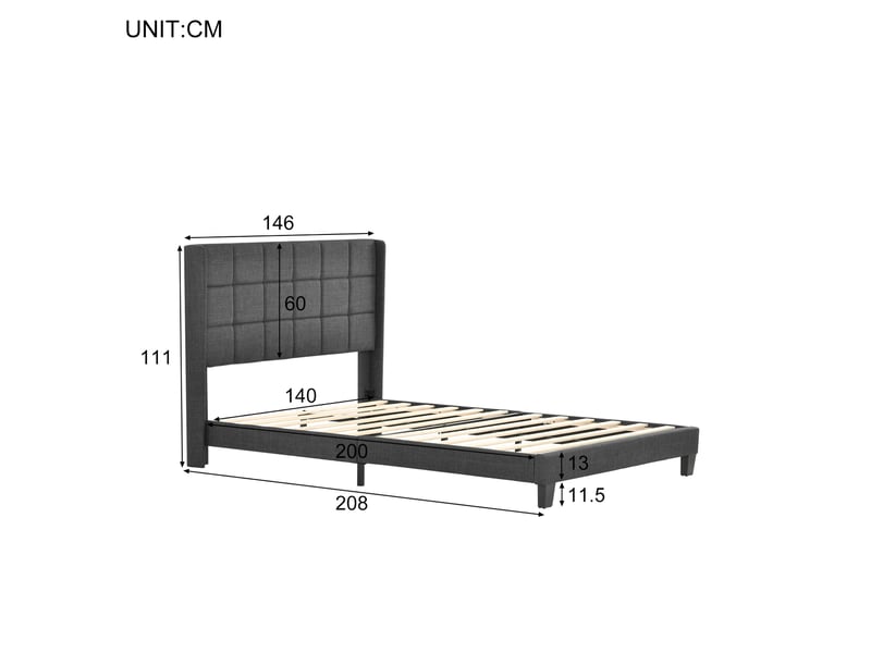  Lit rembourré 140 × 200 cm 2 places avec matelas à ressorts ensachés, sommier inclus, tissu gris  - Conforama D