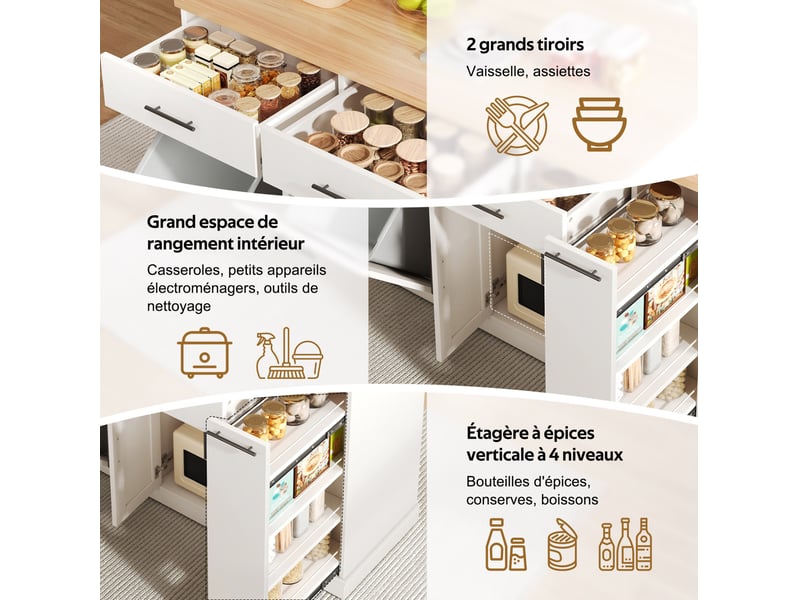  Desserte de cuisine avec plateau rabattable, 2 tiroirs, rangement à épices et poubelle, mdf blanc, 120 × 70 × 93 cm  - Conforama E