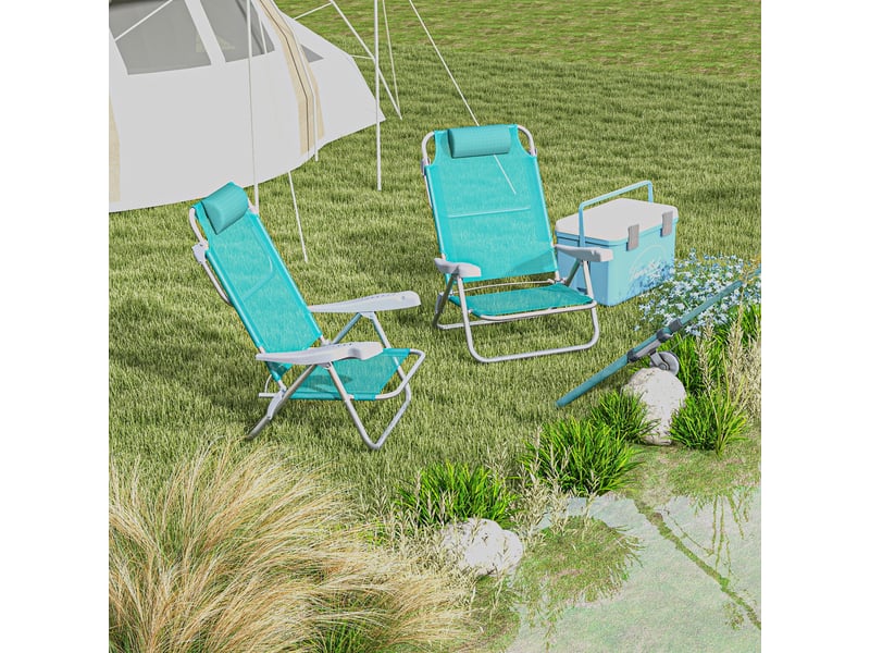 Lot de 2 chaises de camping pliantes et inclinables à 6 positions, en aluminium et mousse, 62 x 65 x 80 cm, gris et bleu  - Conforama B