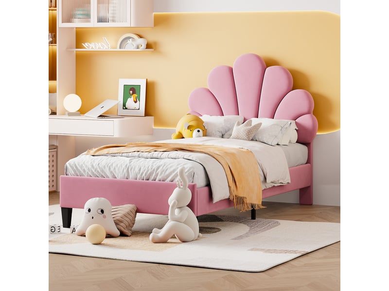  Lit enfant 90x200 capitonné velours rose - tête de lit fleur sommier à lattes inclus  - Conforama E