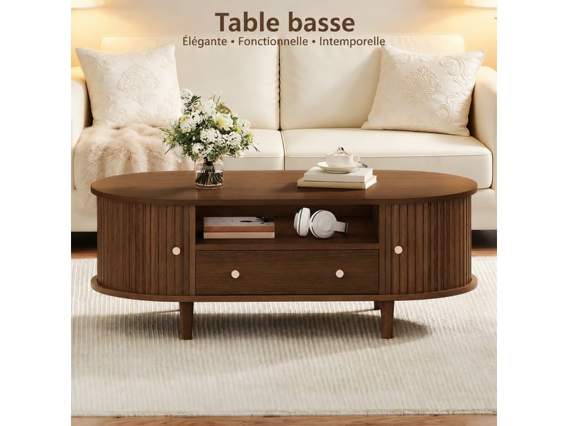 Table basse ovale effet noyer avec tiroir, rangement ouvert et portes à rideau 100 x 50 x 36 cm bois foncé - Conforama C