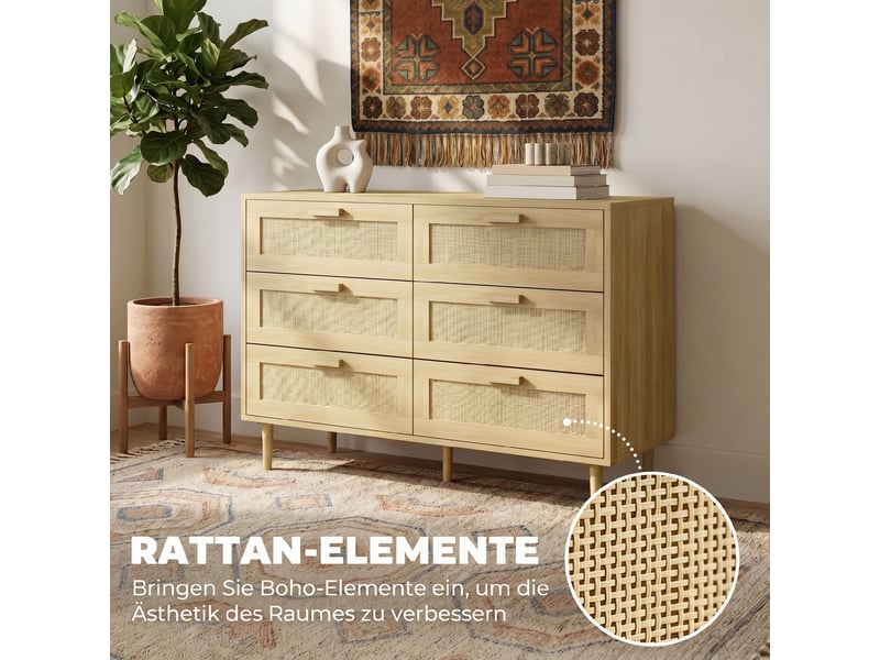  Commode 6 tiroirs avec cannage en rotin aspect bois clair 110 x 40 x 75 cm  - Conforama E