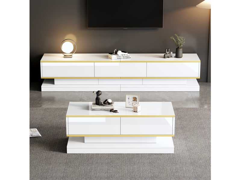  Ensemble meuble tv et table basse modenvie blanc chaud brillant avec bordures dorées et rangement  - Conforama B