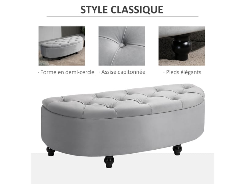  Banc de rangement, coffre de rangement design capitonné demi-cercle bout de lit avec revêtement velours, pieds en bois d'hévéa, pour salon, chambre, entrée, gris, 120 x 46 x 42 cm  - Conforama A