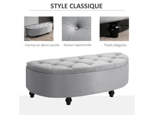 Banc de rangement, coffre de rangement design capitonné demi-cercle bout de lit avec revêtement velours, pieds en bois d'hévéa, pour salon, chambre, entrée, gris, 120 x 46 x 42 cm