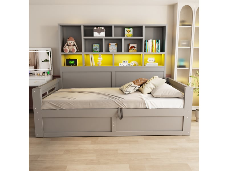  Lit canapé 1 place 90x200 cm gris en mdf avec rangement hydraulique, led et prises, pour chambre, sans matelas  - Conforama E