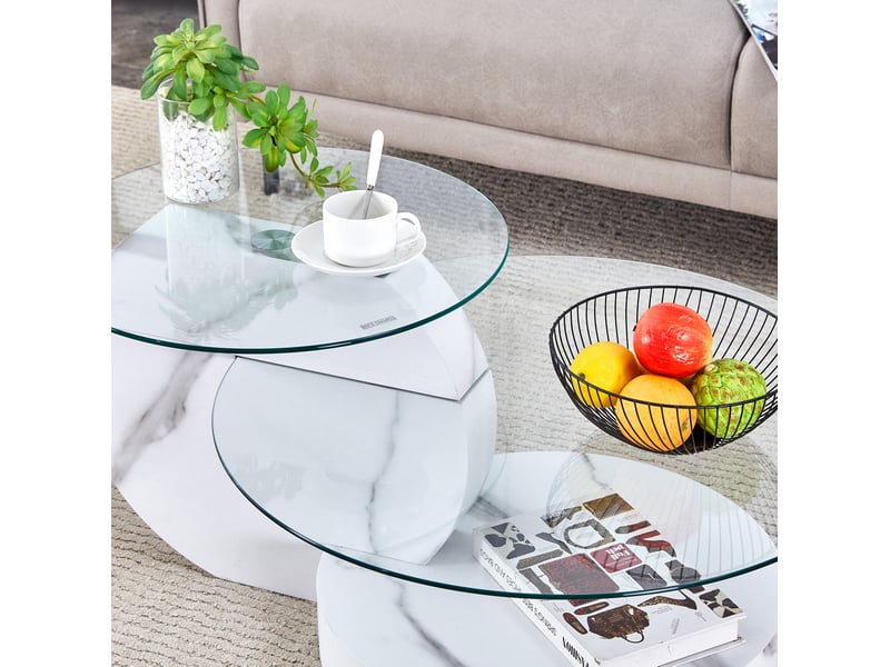  Table basse à 2 plateaux en verre trempé avec structure mdf et finition marbre blanc pour salon, 78,5 × 79 × 24,5 cm  - Conforama C