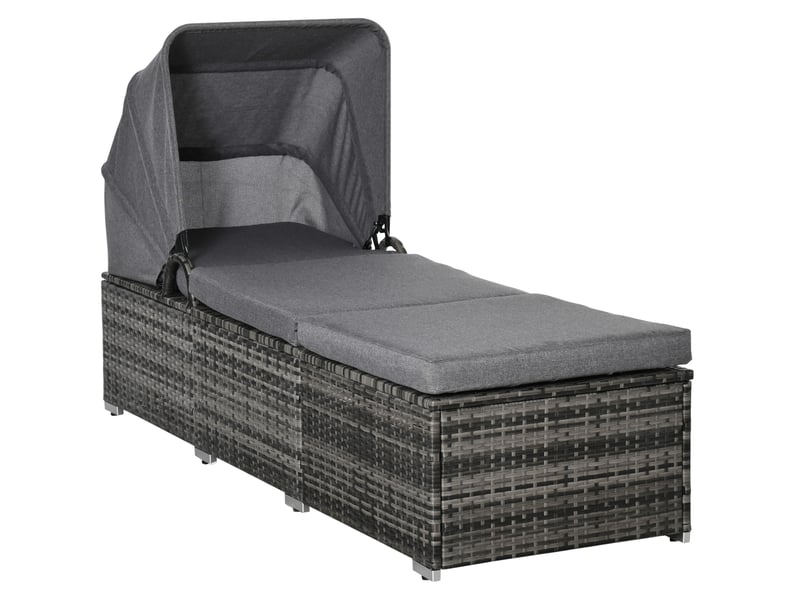  Bain de soleil ulevr en rotin pe gris 195 x 65 x 40 cm avec auvent ouvrant, dossier réglable 4 positions et coussins  - Conforama A