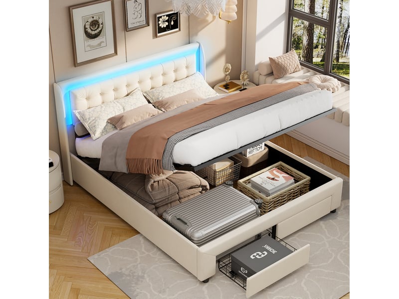  Lit rembourré modenvie 140 x 190 cm avec tiroirs et éclairage 6 couleurs beige bois et tissu  - Conforama D