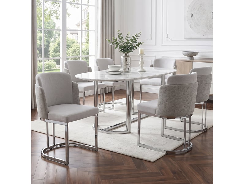  Lot de 6 chaises de salle à manger 61.5×53.5× 86cm métal galvanisé, chenille gris argent, dossier double design premium  - Conforama B