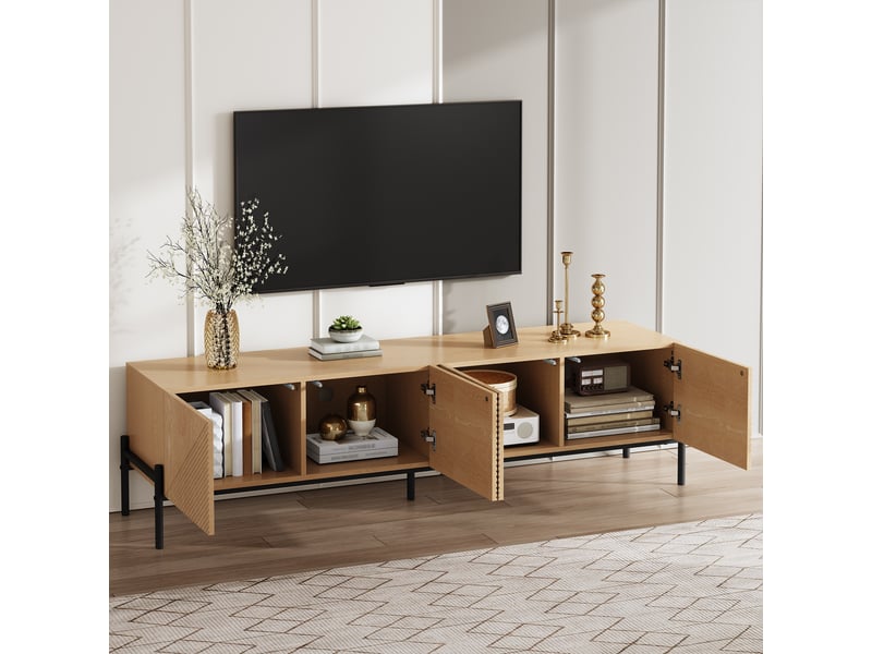 Meuble tv bois naturel 163 cm 4 portes, meuble tv moderne salon avec texture 3d et pieds en métal - Conforama C