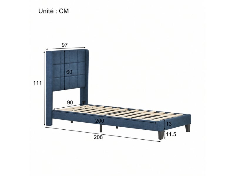  Lit simple en lin bleu, lit 1 place avec tête haute rembourrée et cadre en acier, 90x200 cm, matelas inclus  - Conforama D
