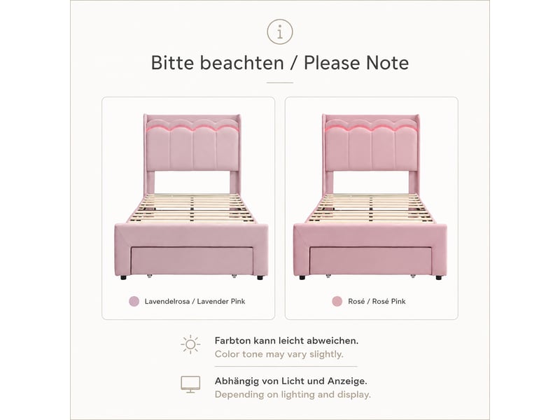  Lit enfant rose 90 × 200 cm en velours, rangement en tête de lit, charge maximale 220 kg, structure rembourrée  - Conforama D