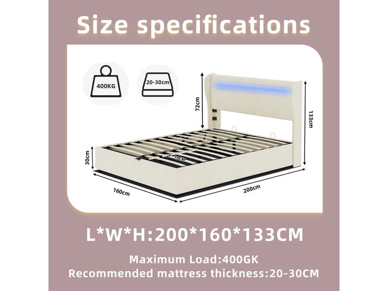  Lit coffre 2 places 160x200 cm avec rangement, led et matelas inclus beige  - Conforama C