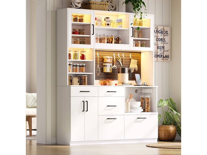  Armoire de cuisine blanc avec led et prises meuble de rangement mdf 5 tiroirs 185 cm  - Conforama E