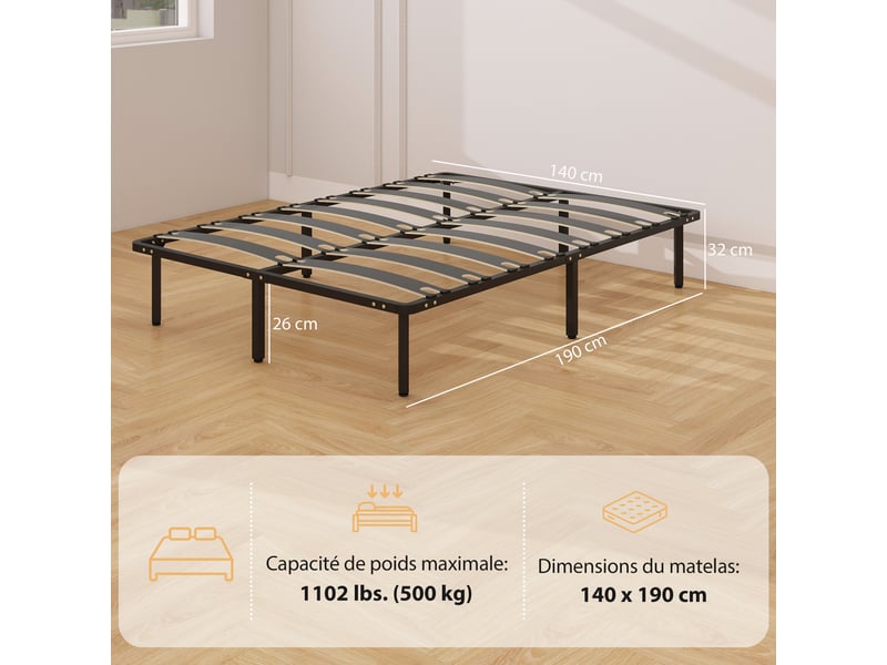  Cadre de lit 140 x 190 cm, lit 2 personnes avec sommier à lattes en bois massif et pied, avec rangement au-dessous, noir  - Conforama E