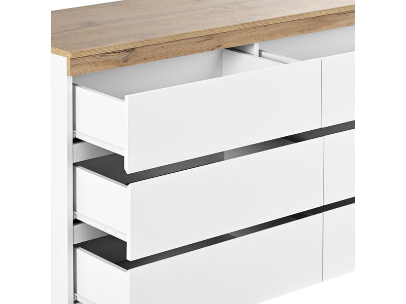  Commode 6 tiroirs 110x40x67,5 cm grand rangement, stabilité, montage facile, panneau de particules, blanc et chêne  - Conforama E