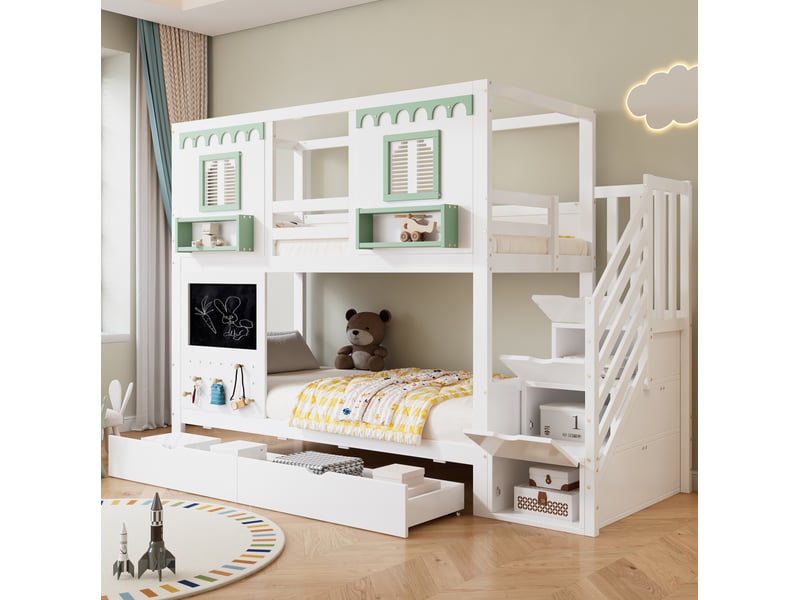  Lit superposé enfant 90x200 cm blanc et vert avec rangements  - Conforama E