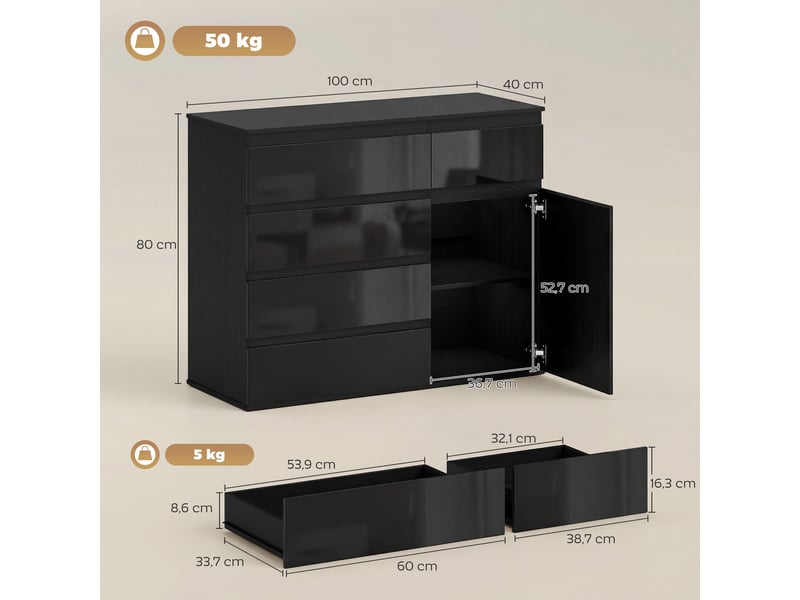  Buffet moderne, buffet de rangement avec 5 tiroirs, étagère réglable, porte à fermeture amortie, noir laqué brillant  - Conforama E