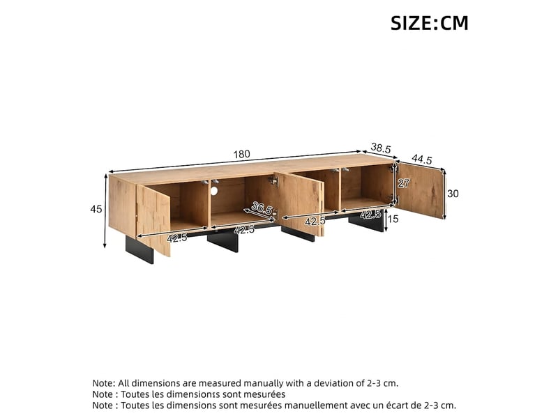  Meuble tv 180 cm en bois naturel pour écran jusqu'à 75 pouces, avec 4 portes à motif gaufré et pieds noirs  - Conforama C
