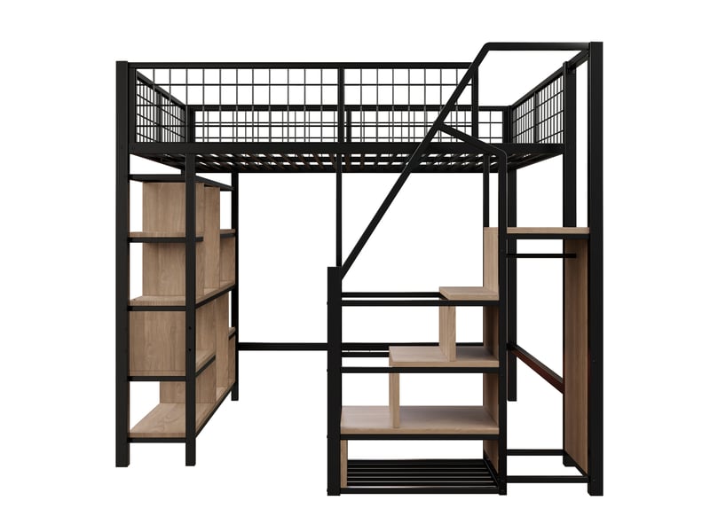  Lit mezzanine 200×140 cm avec escalier de rangement, casiers et espace ouvert, en métal et bois, noir  - Conforama D