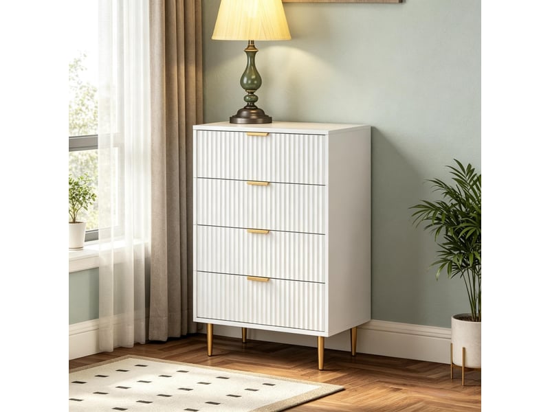  Commode à 4 tiroirs, meuble de rangement moderne pour chambre avec poignées et pieds dorés, 60 × 40 × 96 cm, blanc  - Conforama D