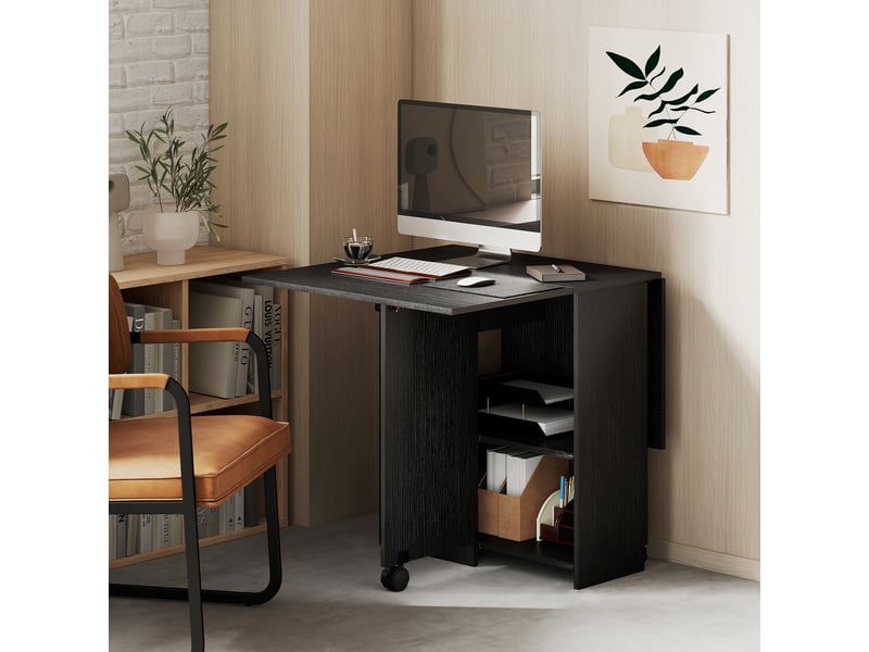  Table à manger pliable extensible 4 personnes - 2 abattants, 2 étagères, tiroir, roulettes - aspect bois noir  - Conforama D