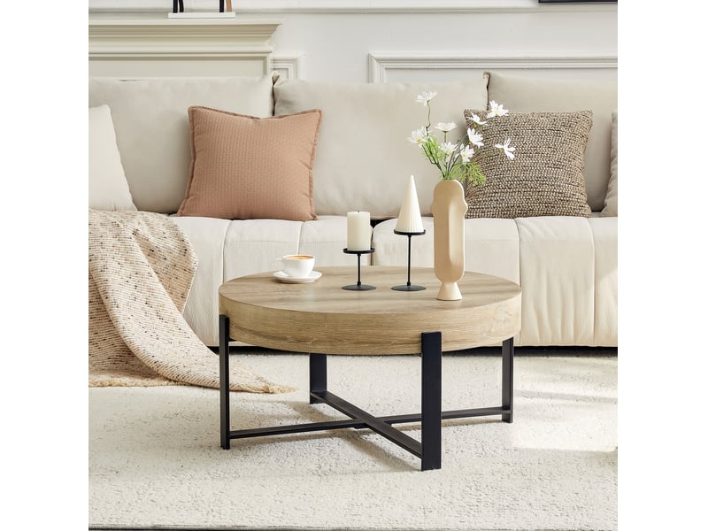  Table basse ronde avec plateau épais et structure croisée en métal, style industriel, pour salon, 68 × 36 cm  - Conforama C