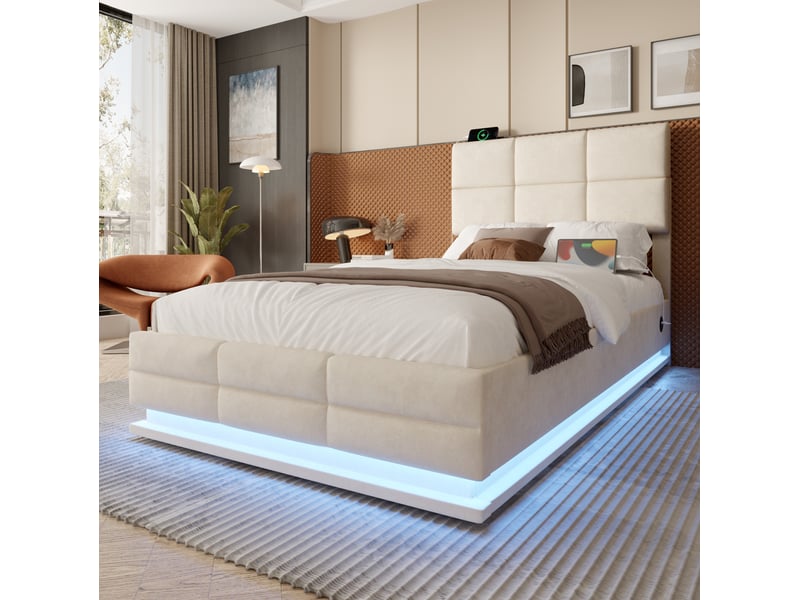  Lit coffre tcqpz 90 x 200 cm en velours beige avec tête de lit réglable, led, usbtype-c et rangement hydraulique, sans matelas  - Conforama D