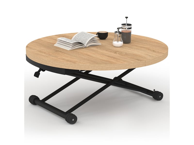Table basse extensible relevable en table à manger ronde altura plateau façon hêtre pied noir design industriel - Conforama A