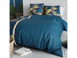 Parure housse de couette 260x240cm + 2 taies motif tropical bleu 100% coton - ophra