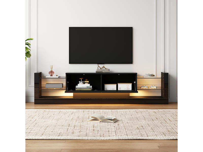  Banc tv modenvie 181 x 38 x 38 cm avec led, façade en verre et 2 tiroirs abattants noir  - Conforama D