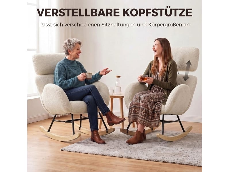 Fauteuil à bascule rembourré avec appuie-tête réglable et patins en feutre, en velours texturé blanc crème - Conforama E