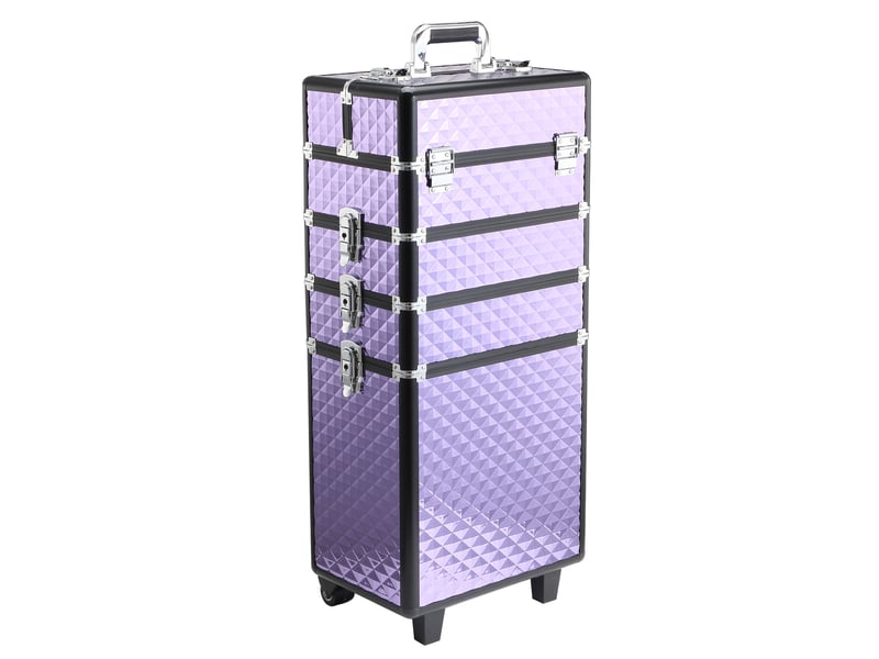  Valise de maquillage professionnelle à roulettes universelles, multi-niveaux, poignée extensible, alliage aluminium, 33,5 x 23 x 7695,5 cm, violette  - Conforama B