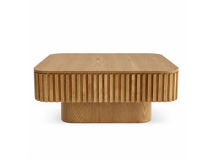 Table basse carrée cannelée bois naturel 75 cm, placage bois massif, rangement caché