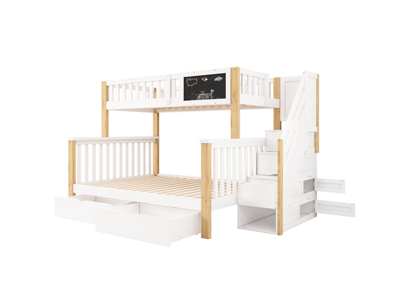  Lit superposé enfant, lit double, lit enfant multifonctionnel, avec tableau noir et tiroirs, sans matelas, blanc + chêne clair, 90*200 + 140*200  - Conforama D