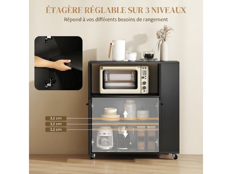 Desserte de cuisine à roulettes, îlot central cuisine avec plan de travail et étagère réglable, noir, 75x40x80,5cm - Conforama R