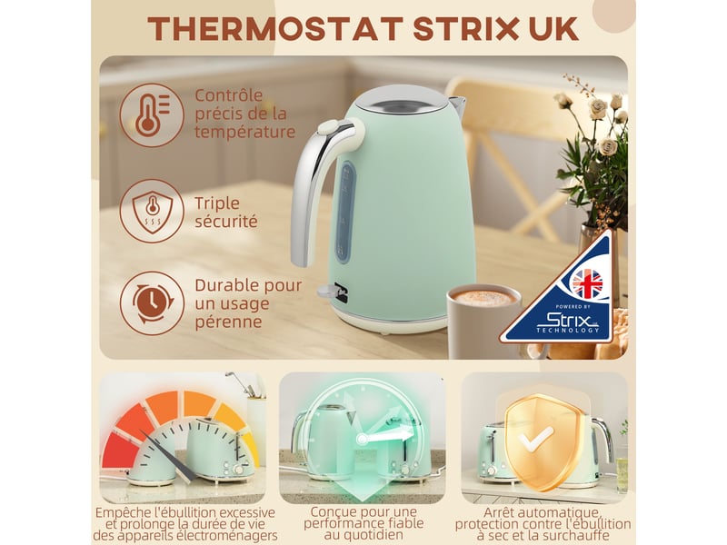  Ensemble bouilloire et grille-pain, vert, bouilloire en acier inoxydable 1,7 l et 2200 w et grille-pain à 2 tranches  - Conforama E
